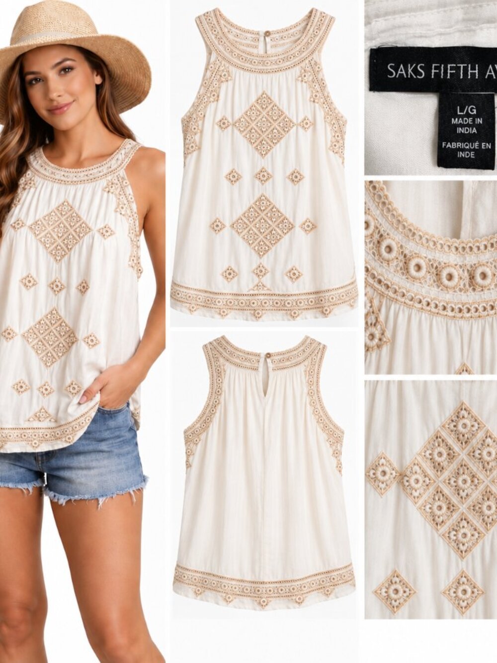 Saks Fifth Avenue Ivory Embroidered Crochet Tank Top LG Boho Romantic Sleeveless